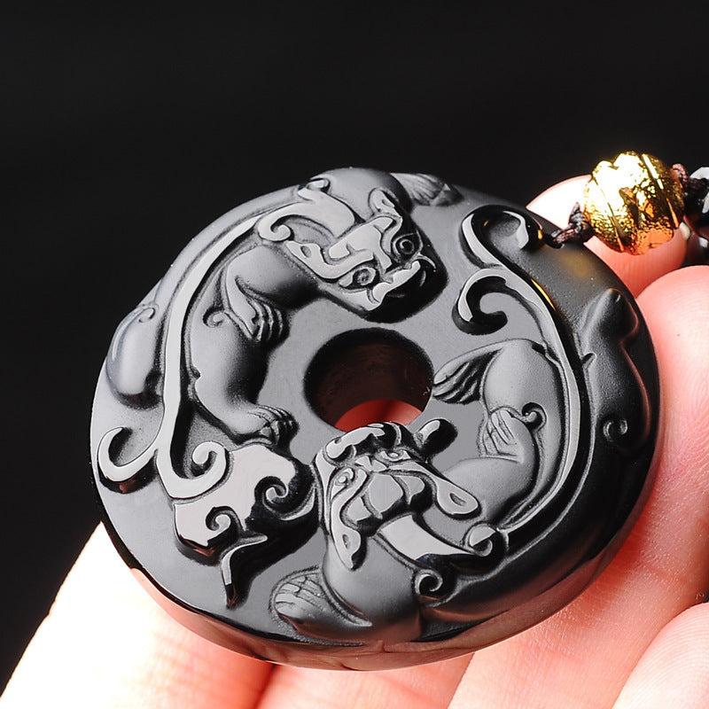 Serenemyst Natural Obsidian Double Pixiu Peace Buckle Pendant Necklace