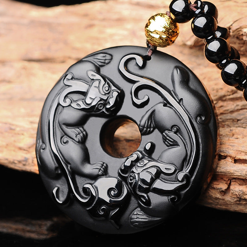 Serenemyst Natural Obsidian Double Pixiu Peace Buckle Pendant Necklace