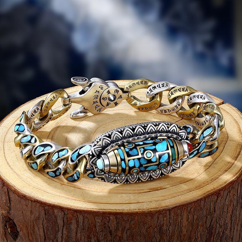 Serenemyst Tibetan Six-Word Mantra Dzi Bead Turquoise Silver Lucky Rotatable Bracelet