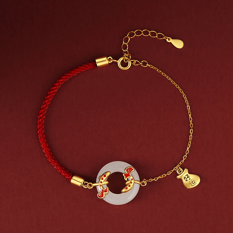 Serenemyst Red String Sterling Silver Koi Fish Jade Buckle Lucky Bracelet