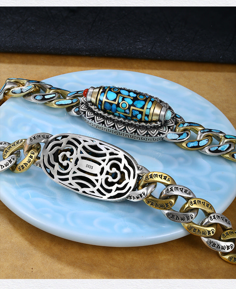 Serenemyst Tibetan Six-Word Mantra Dzi Bead Turquoise Silver Lucky Rotatable Bracelet