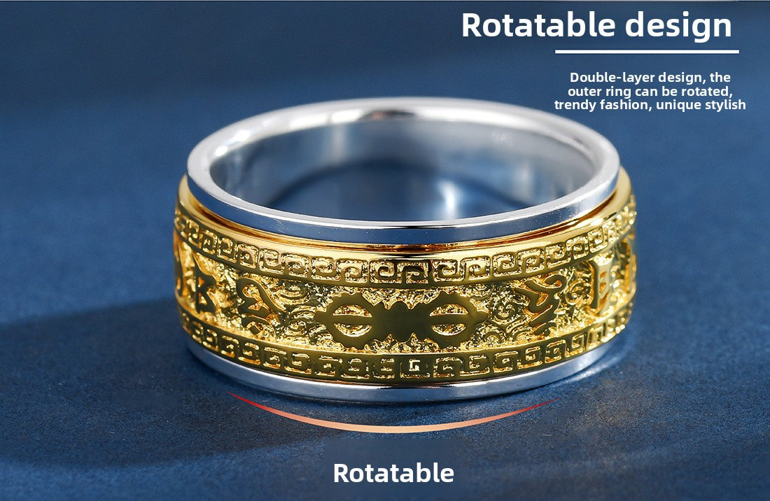 Serenemyst Tibetan 999 Pure Silver Rotatable Six-Word Mantra Fortune Enhancing Stress Relief Index Finger Ring