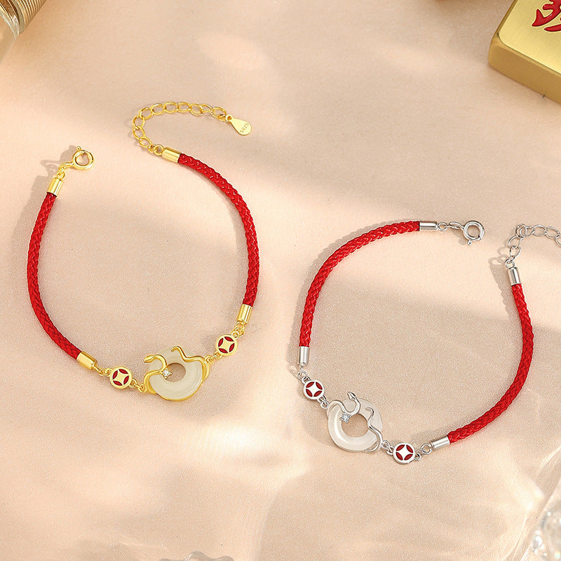 Serenemyst Red String Golden Snake Jade Peace Buckle Fortune Bracelet