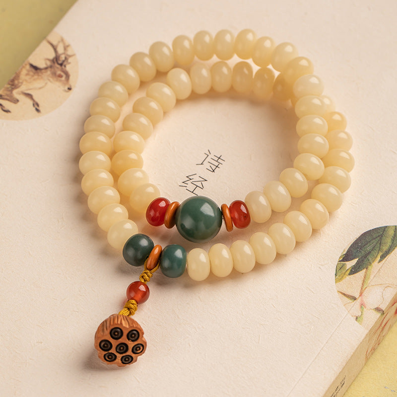 Serenemyst Handmade Bodhi Root Jade Beads Lotus-Pod Pendant Harmony Mala Bracelet