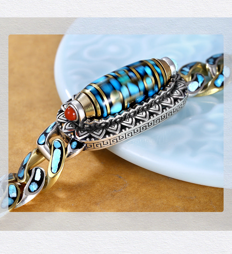 Serenemyst Tibetan Six-Word Mantra Dzi Bead Turquoise Silver Lucky Rotatable Bracelet