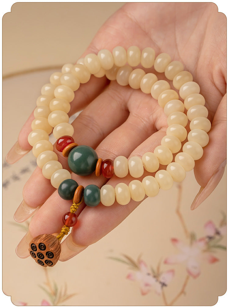 Serenemyst Handmade Bodhi Root Jade Beads Lotus-Pod Pendant Harmony Mala Bracelet