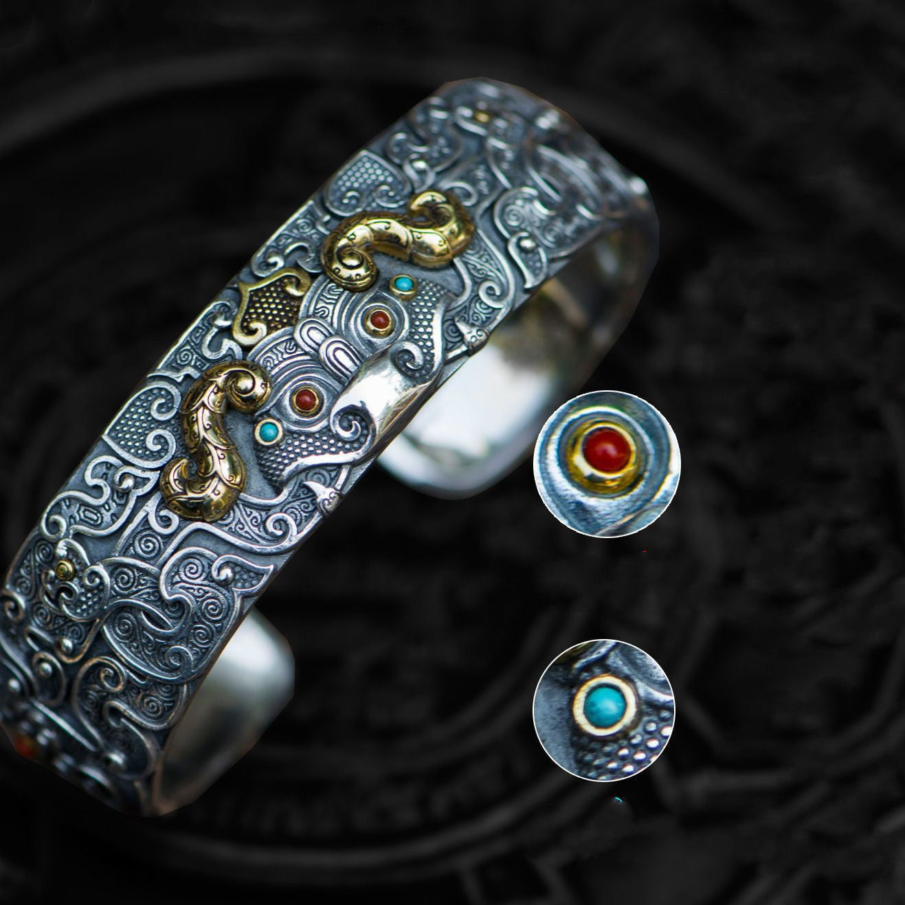 Serenemyst Handmade Silver Retro Domineering Carving Pixiu Bracelet