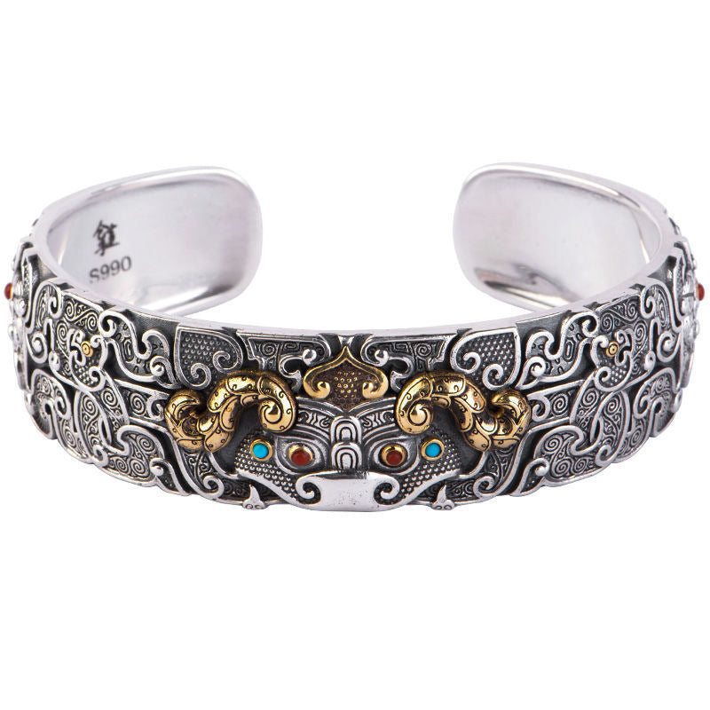 Serenemyst Handmade Silver Retro Domineering Carving Pixiu Bracelet