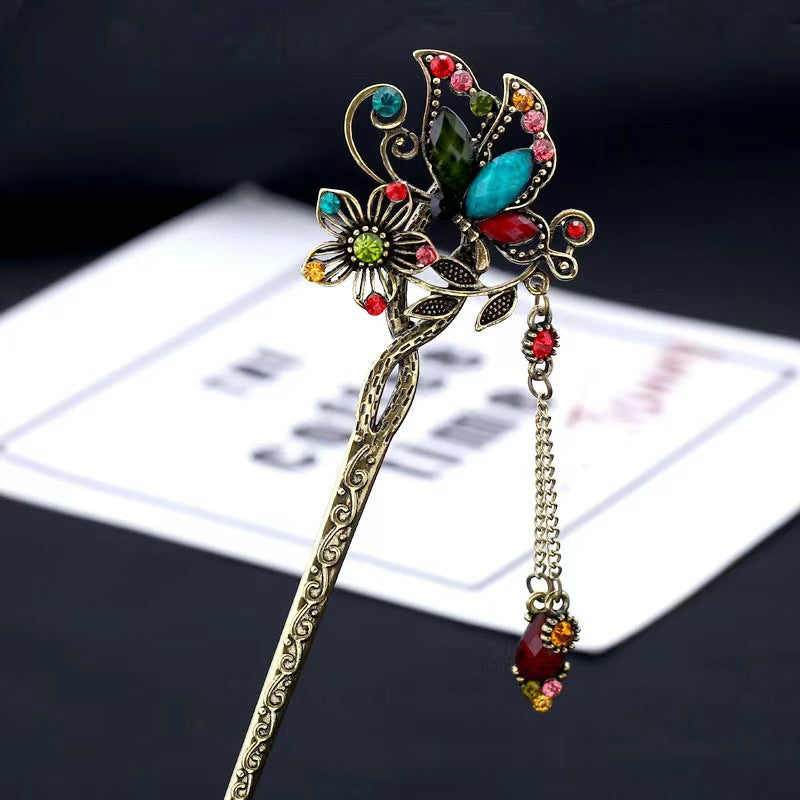 Serenemyst Handmade Retro Gemstone Plum Blossom Butterfly Style
Long Tassel Blessing Hairpin