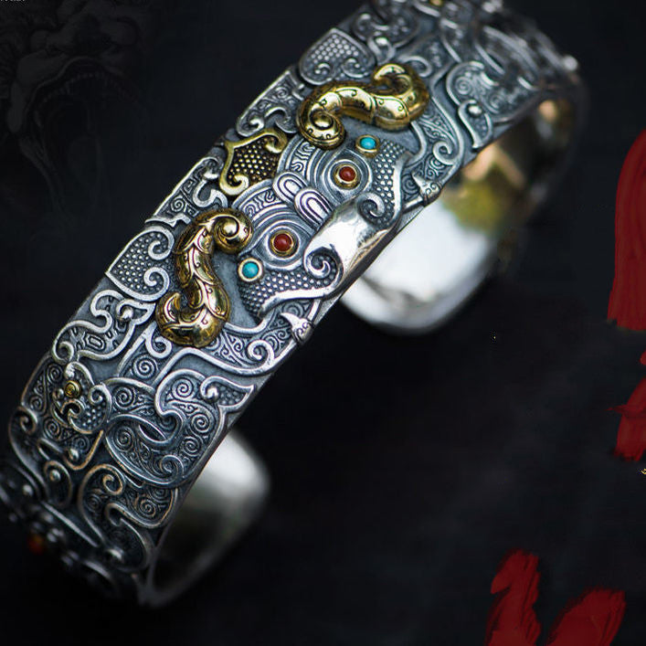 Serenemyst Handmade Silver Retro Domineering Carving Pixiu Bracelet