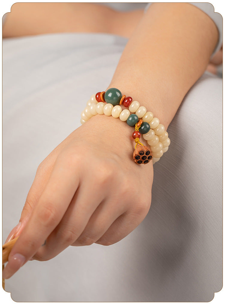 Serenemyst Handmade Bodhi Root Jade Beads Lotus-Pod Pendant Harmony Mala Bracelet