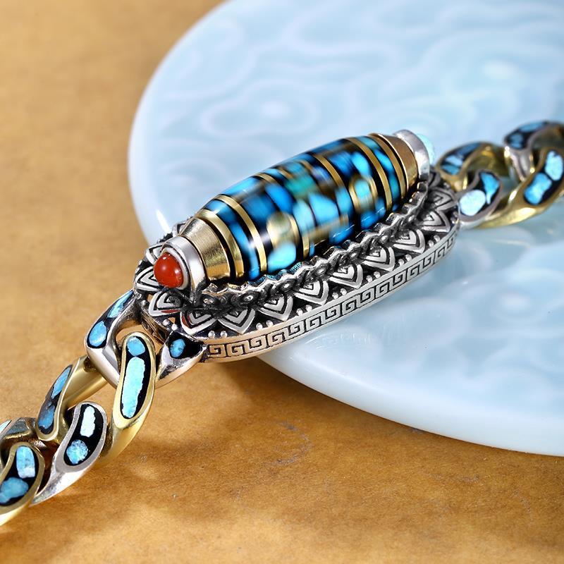 Serenemyst Tibetan Six-Word Mantra Dzi Bead Turquoise Silver Lucky Rotatable Bracelet