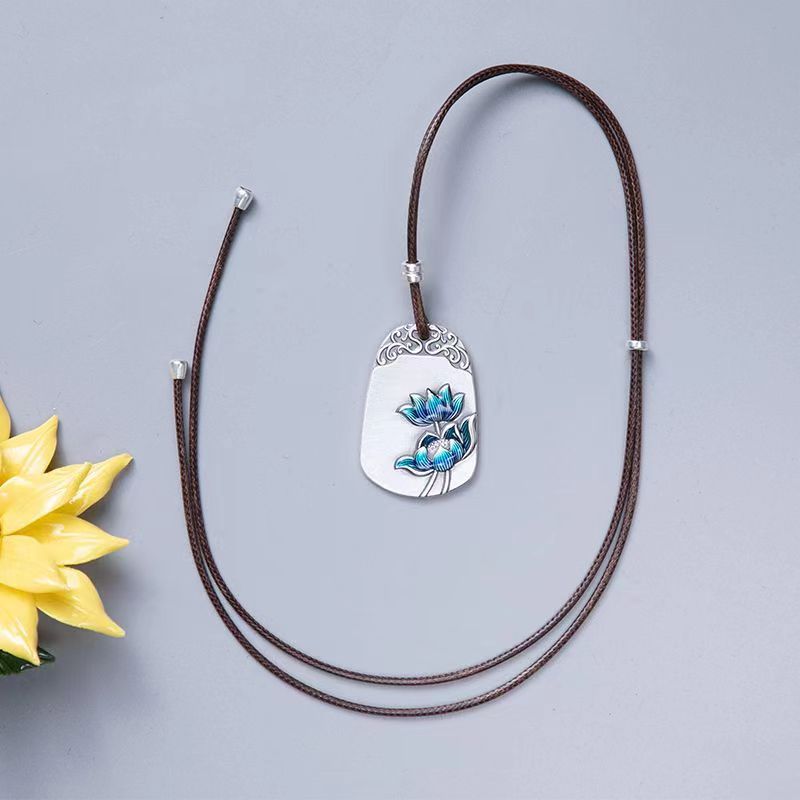 Serenemyst Retro Sterling Silver Water Pattern Cloisonne Lotus Pendant Protection Necklace