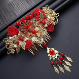Serenemyst Chinese Style Wedding Bride Gold Plated Butterfly Style Red Tassel Hairpin Earrings Set