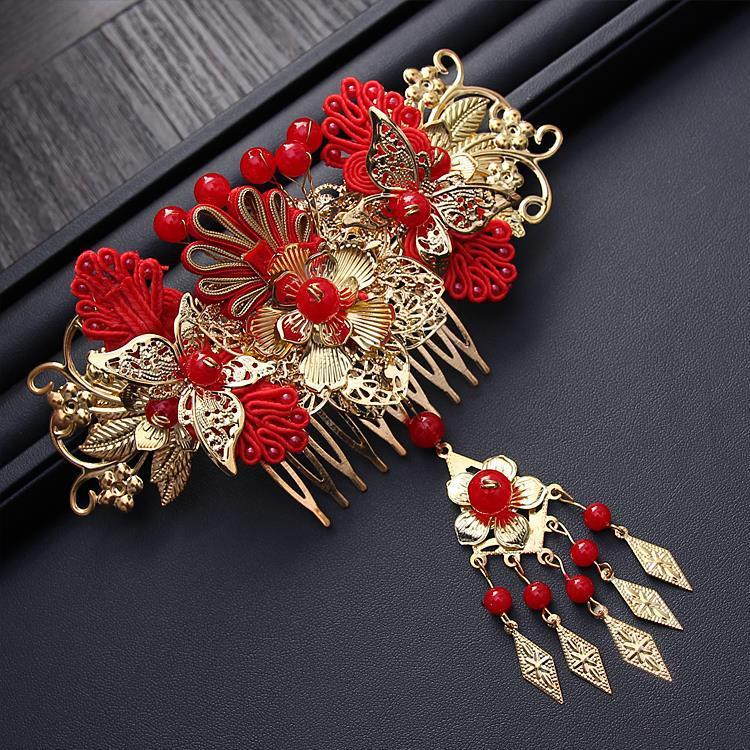 Serenemyst Chinese Style Wedding Bride Gold Plated Butterfly Style Red Tassel Hairpin Earrings Set