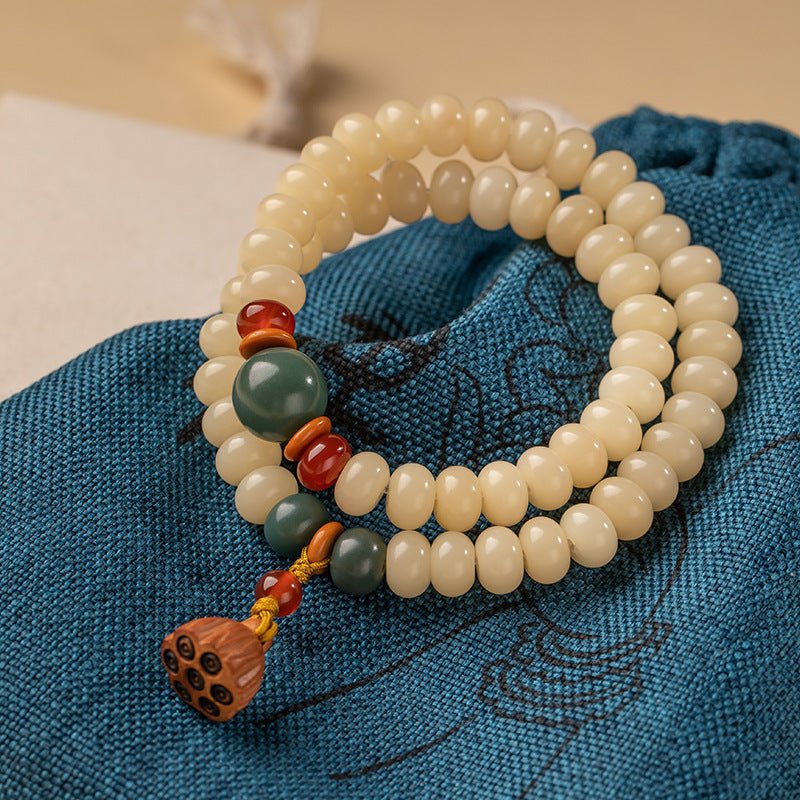 Serenemyst Handmade Bodhi Root Jade Beads  Lotus-Pod Pendant Harmony Mala Bracelet
