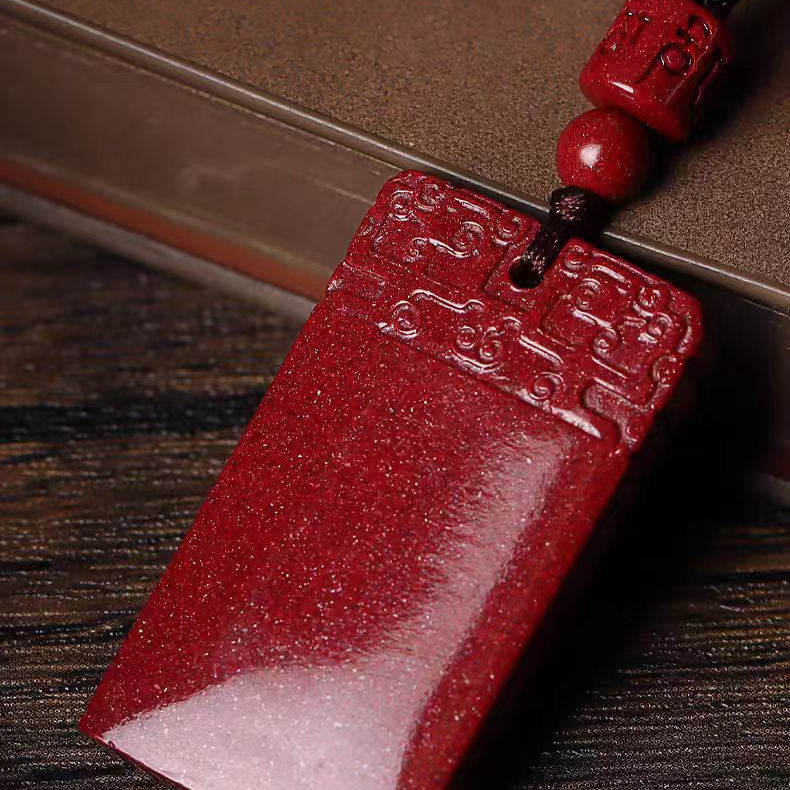 Serenemyst Natural Cinnabar Plain Meander‌ Pattern Peace Protection Pendant Necklace