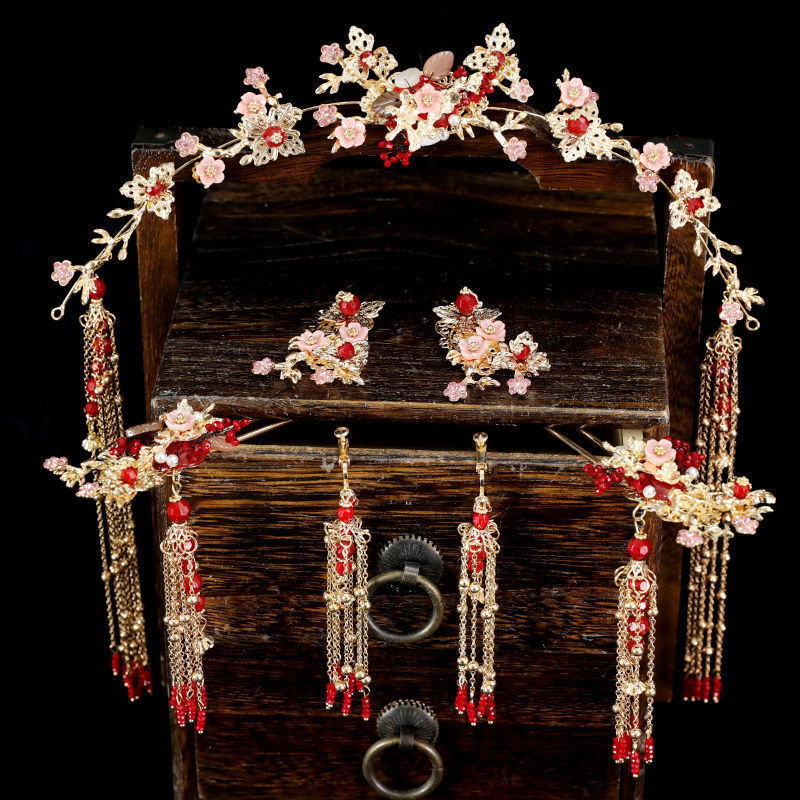 Serenemyst Chinese Style Wedding Bride Gold Plated Plum Blossom Pearls Tassel Hairpin Earrings Set