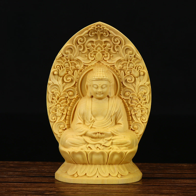 Serenemyst Handmade Big Leaf Boxwood Buddha Statue Protection Decoration