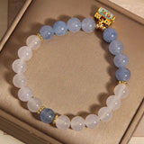 Serenemyst White Agate Aquamarine Beads Enamel Peace Lock Protection Bracelet