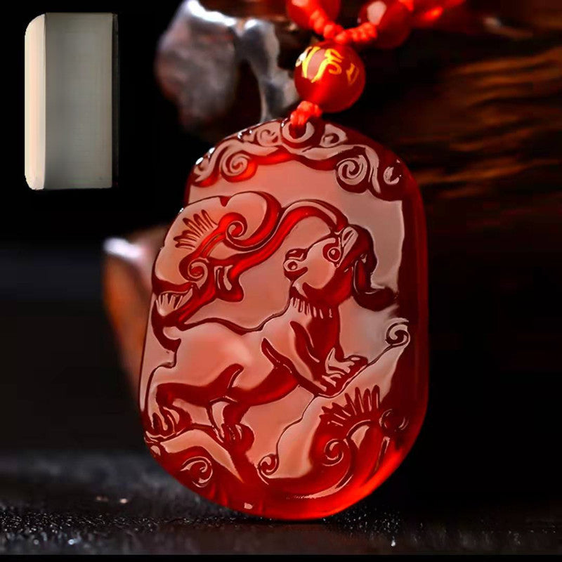 Serenemyst Natural Red Agate Carved Chinese Zodiac Protection Pendant