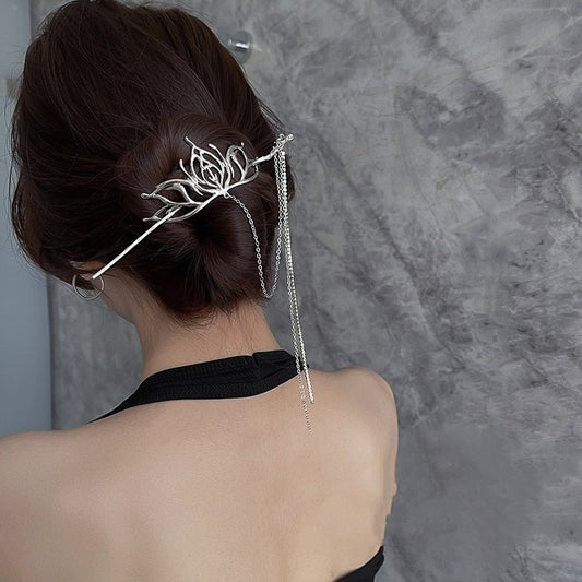 Serenemyst Handmade Alloy Silver-Plated Lotus Floral Long Tassel Healing Hairpin
