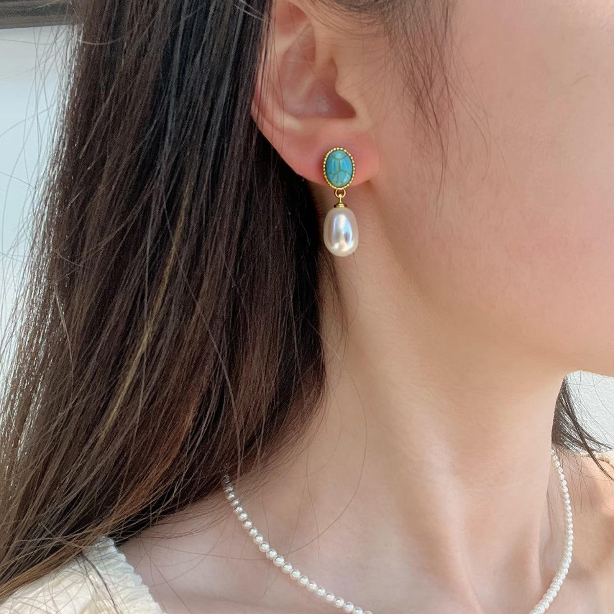 Serenemyst Natural Water Drop Pearl Turquoise Purity Earrings