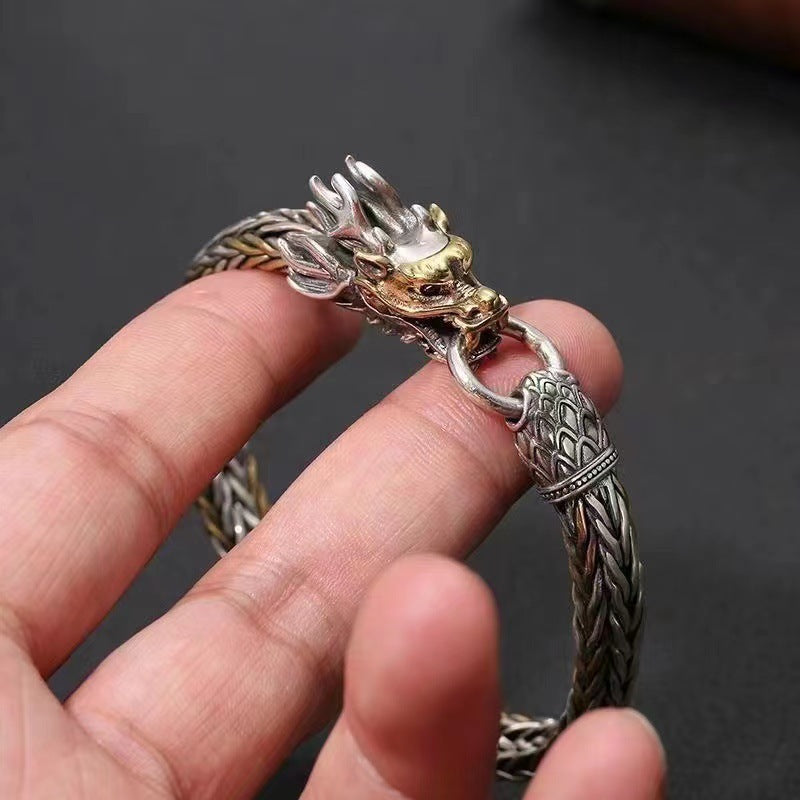 Serenemyst Handmade Braided Dragon Head Silver Plated Bracelet
