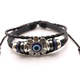 Serenemyst Stainless Steel Turkish Blue Eye Eight-Petal Flower Cow Leather Cord Clasp Bracelet