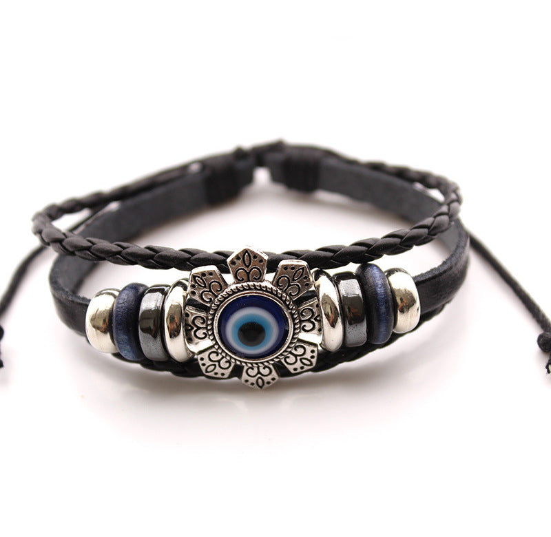 Serenemyst Stainless Steel Turkish Blue Eye Eight-Petal Flower Cow Leather Cord Clasp Bracelet