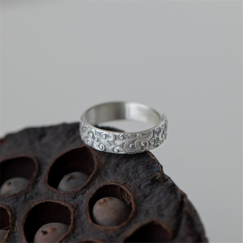 Serenemyst 999 Pure Silver Carved Cloud Pattern Adjustable Open Ring