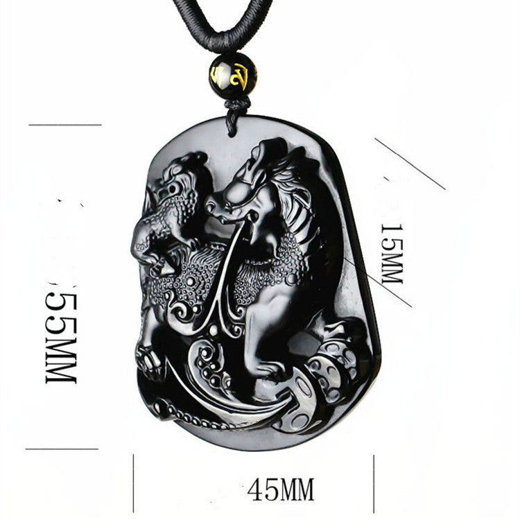 Serenemyst Natural Obsidian Mother And Child Pixiu Wealth Pendant Necklace