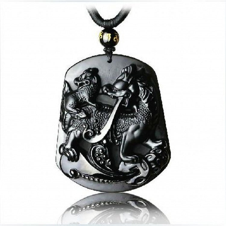 Serenemyst Natural Obsidian Mother And Child Pixiu Wealth Pendant Necklace