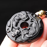 Serenemyst Natural Obsidian Double Pixiu  Peace Buckle Pendant Necklace