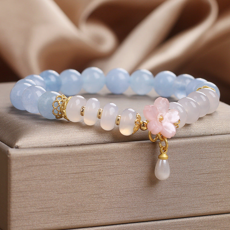 Serenemyst Aquamarine White Agate Pearl Flower Healing Charm Bracelet