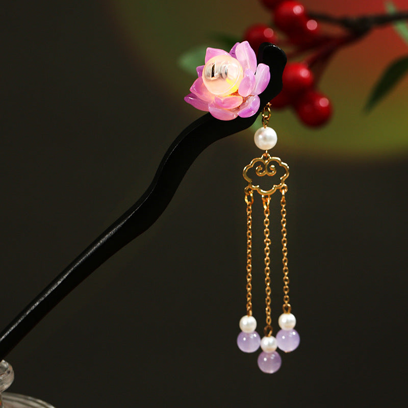 Serenemyst Classical Chinese Style Luminous Lotus Tassel Healing Hairpin