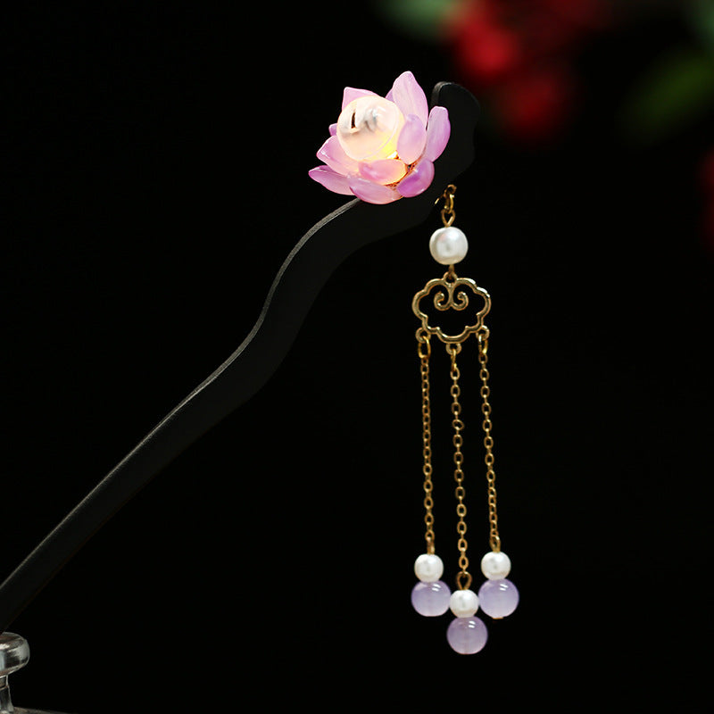 Serenemyst Classical Chinese Style Luminous Lotus Tassel Healing Hairpin