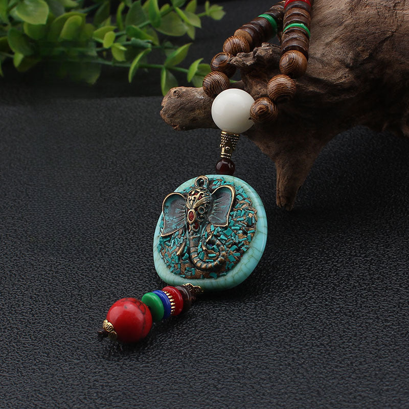 Serenemyst Vintage Nepalese Style Pendant Turquoise Wooden Mala Beads Peace Necklace