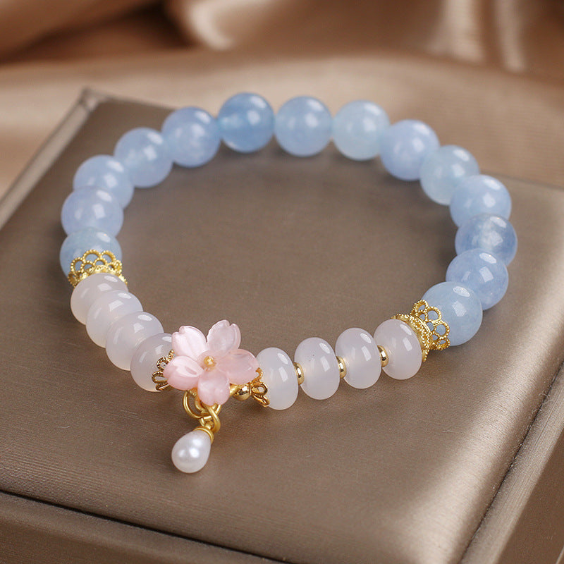 Serenemyst Aquamarine White Agate Pearl Flower Healing Charm Bracelet