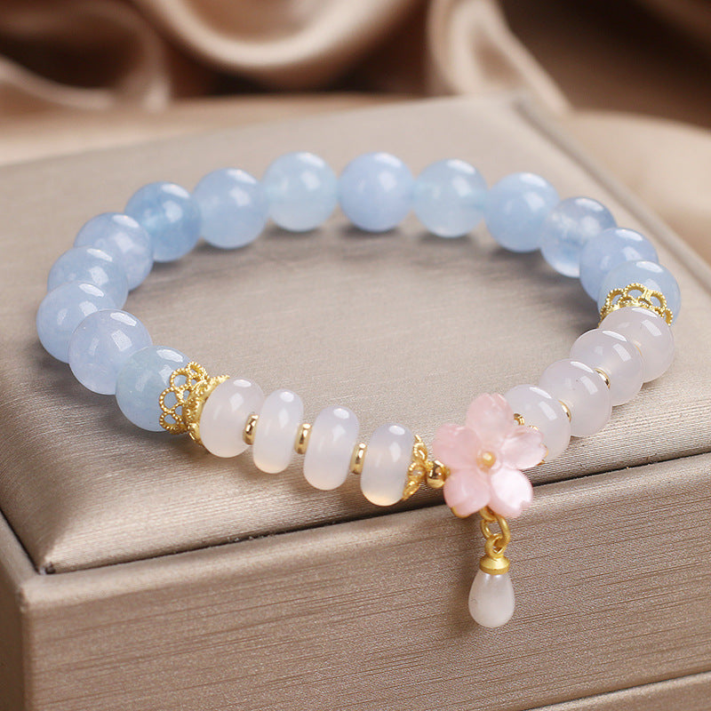 Serenemyst Aquamarine White Agate Pearl Flower Healing Charm Bracelet
