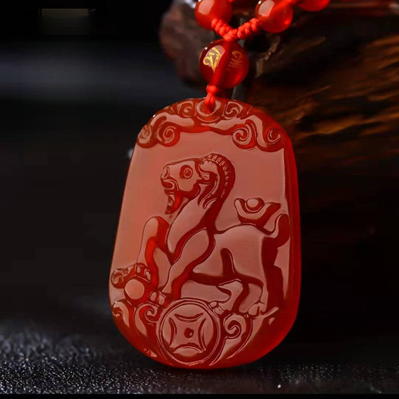Serenemyst Natural Red Agate Carved Chinese Zodiac Protection Pendant