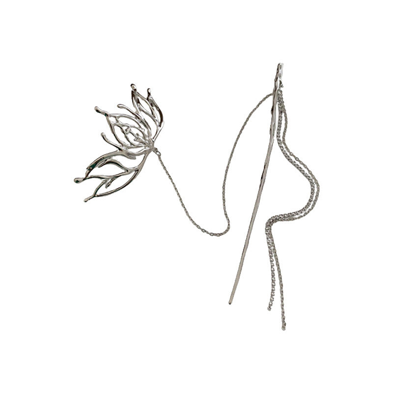 Serenemyst Handmade Alloy Silver-Plated Lotus Floral Long Tassel Healing Hairpin