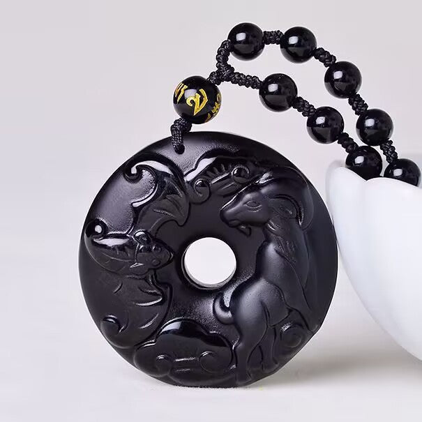 Serenemyst Natural Obsidian Carved Chinese Zodiac Peace Buckle Protection Pendant