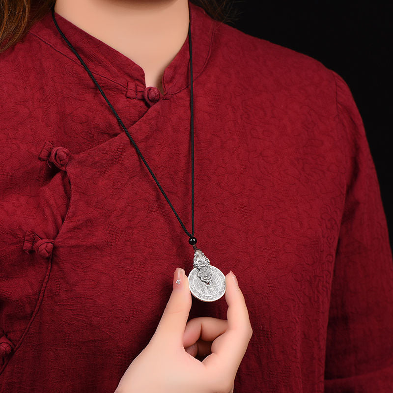 Serenemyst Sterling Silver Pixiu Bagua Coin Pendant Protection Necklace