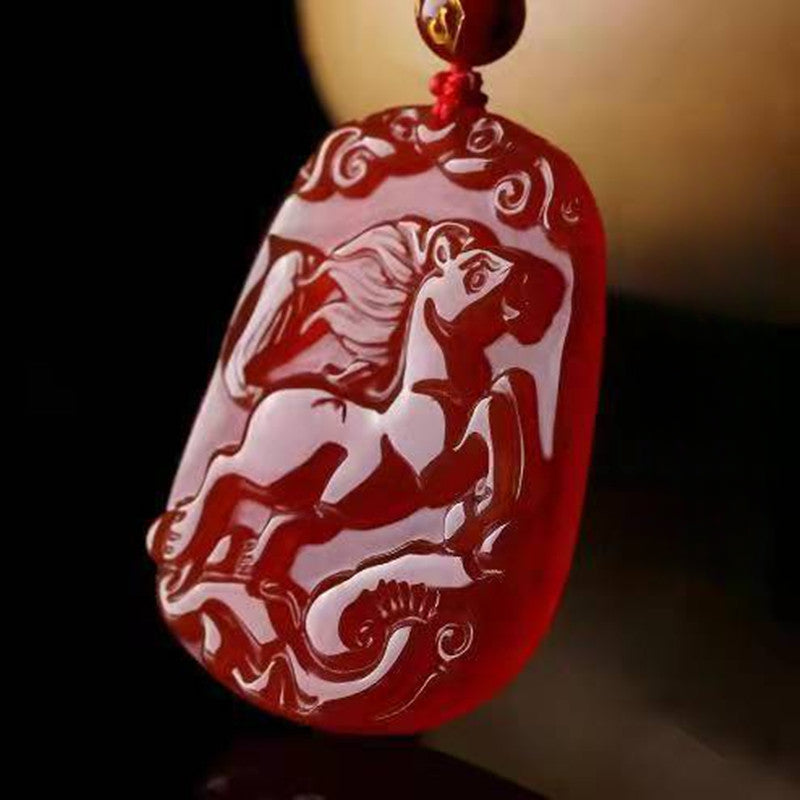 Serenemyst Natural Red Agate Carved Chinese Zodiac Protection Pendant