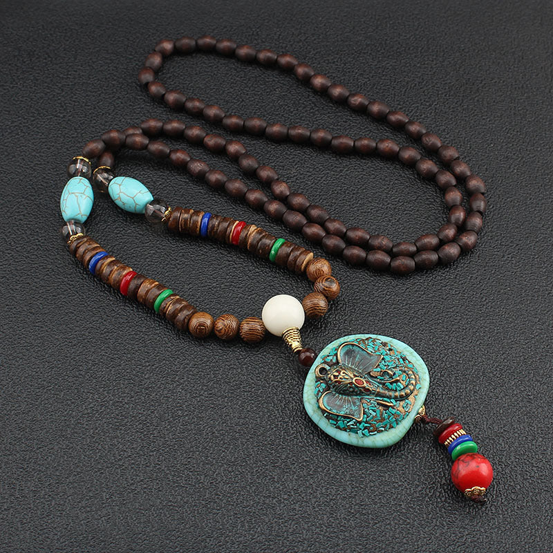 Serenemyst Vintage Nepalese Style Pendant Turquoise Wooden Mala Beads Peace Necklace