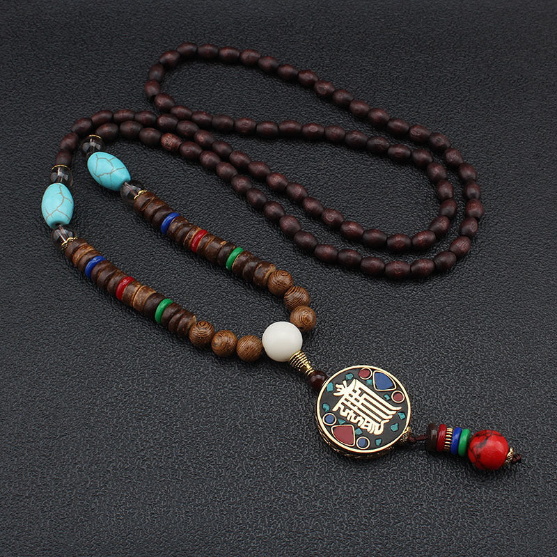 Serenemyst Vintage Nepalese Style Pendant Turquoise Wooden Mala Beads Peace Necklace