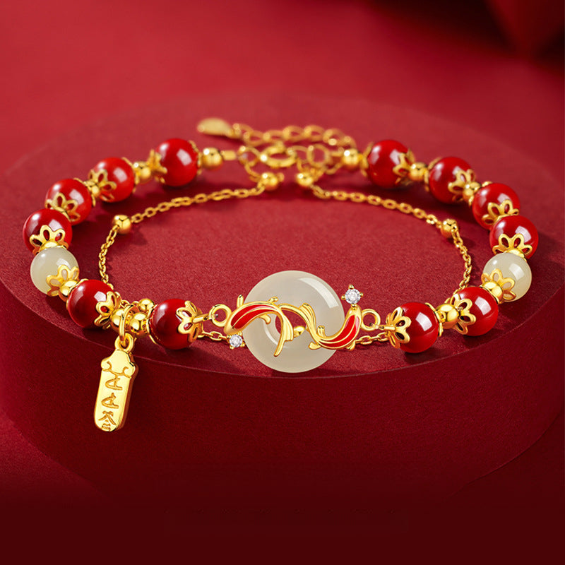 Serenemyst Cinnabar Koi Fish Jade Peace Buckle Fortune Double-Layer Bracelet