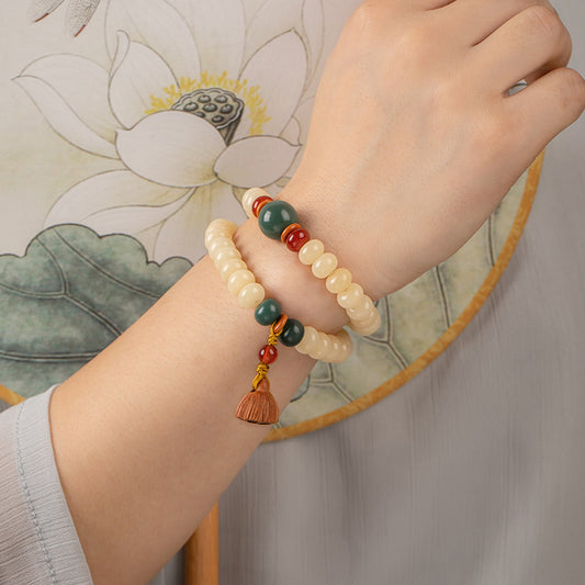 Serenemyst Handmade Bodhi Root Jade Beads  Lotus-Pod Pendant Harmony Mala Bracelet