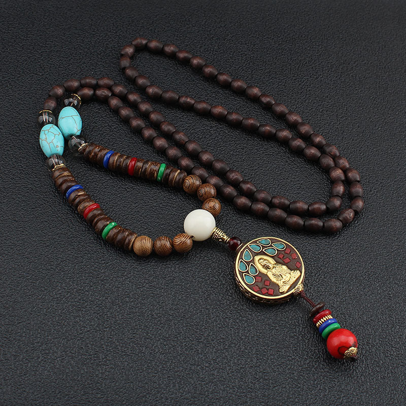 Serenemyst Vintage Nepalese Style Pendant Turquoise Wooden Mala Beads Peace Necklace